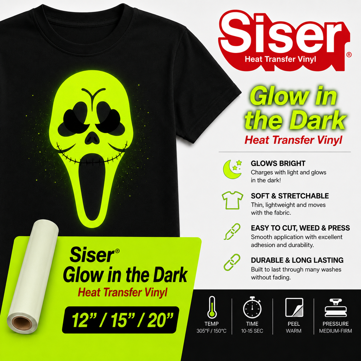 Siser EasyWeed Glow in the Dark heat transfer vinyl rolls 12, 15 and 20 inch