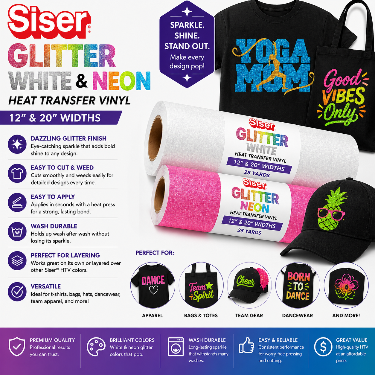 Siser Glitter White and Neon Heat Transfer Vinyl 12 and 20 inch