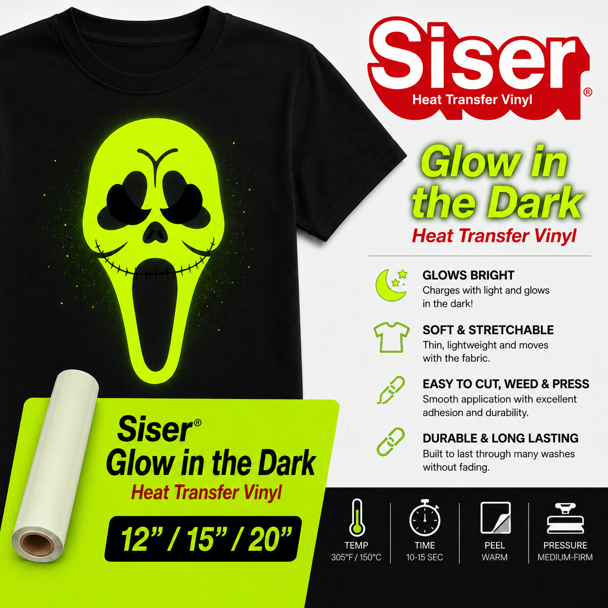 Siser EasyWeed Glow in the Dark heat transfer vinyl rolls 12, 15 and 20 inch