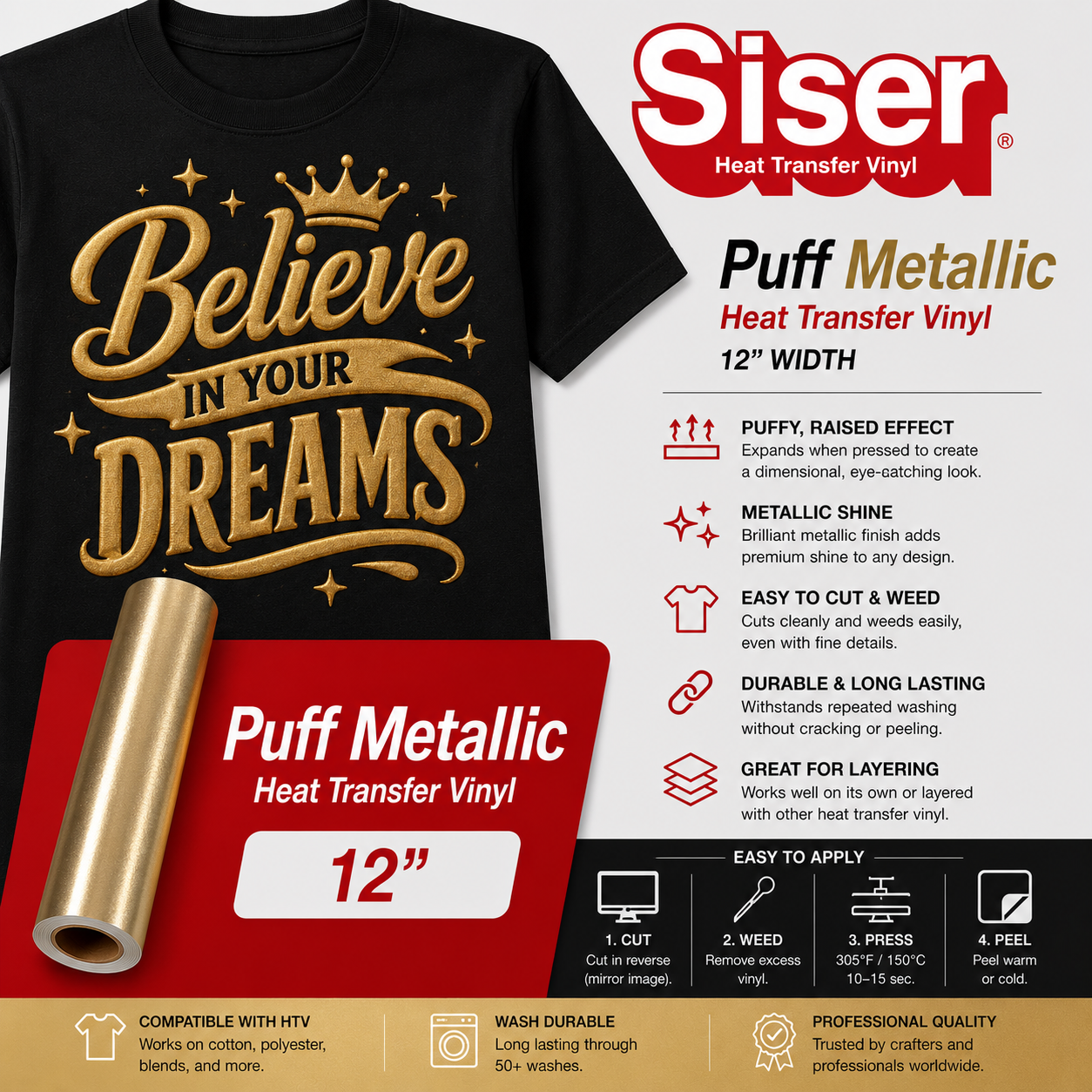 Siser Puff Metallic heat transfer vinyl 12 inch