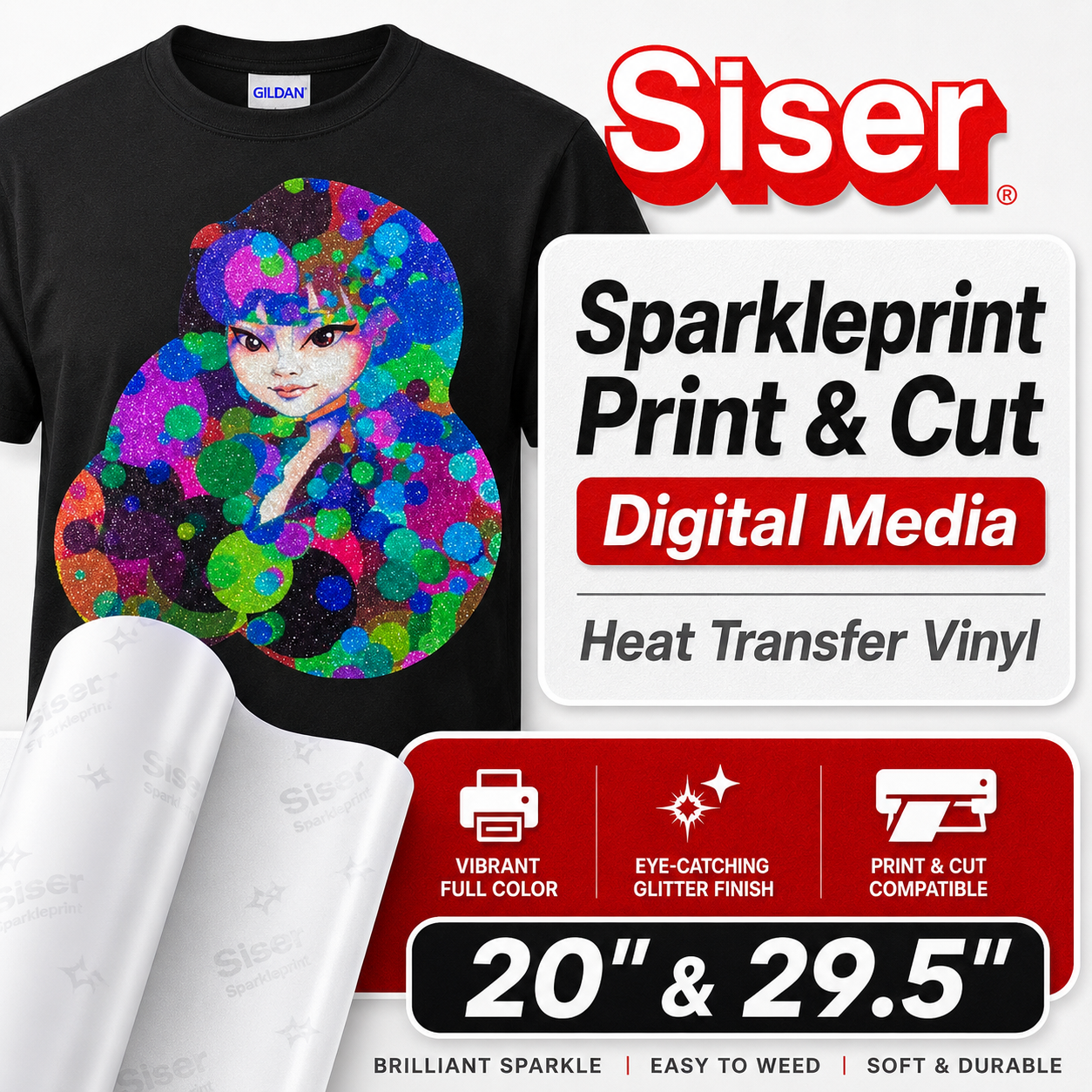 Siser SparklePrint printable glitter heat transfer vinyl - white digital media with silver glitter