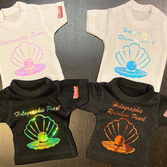 Siser Holographic designs pressed on assorted garments