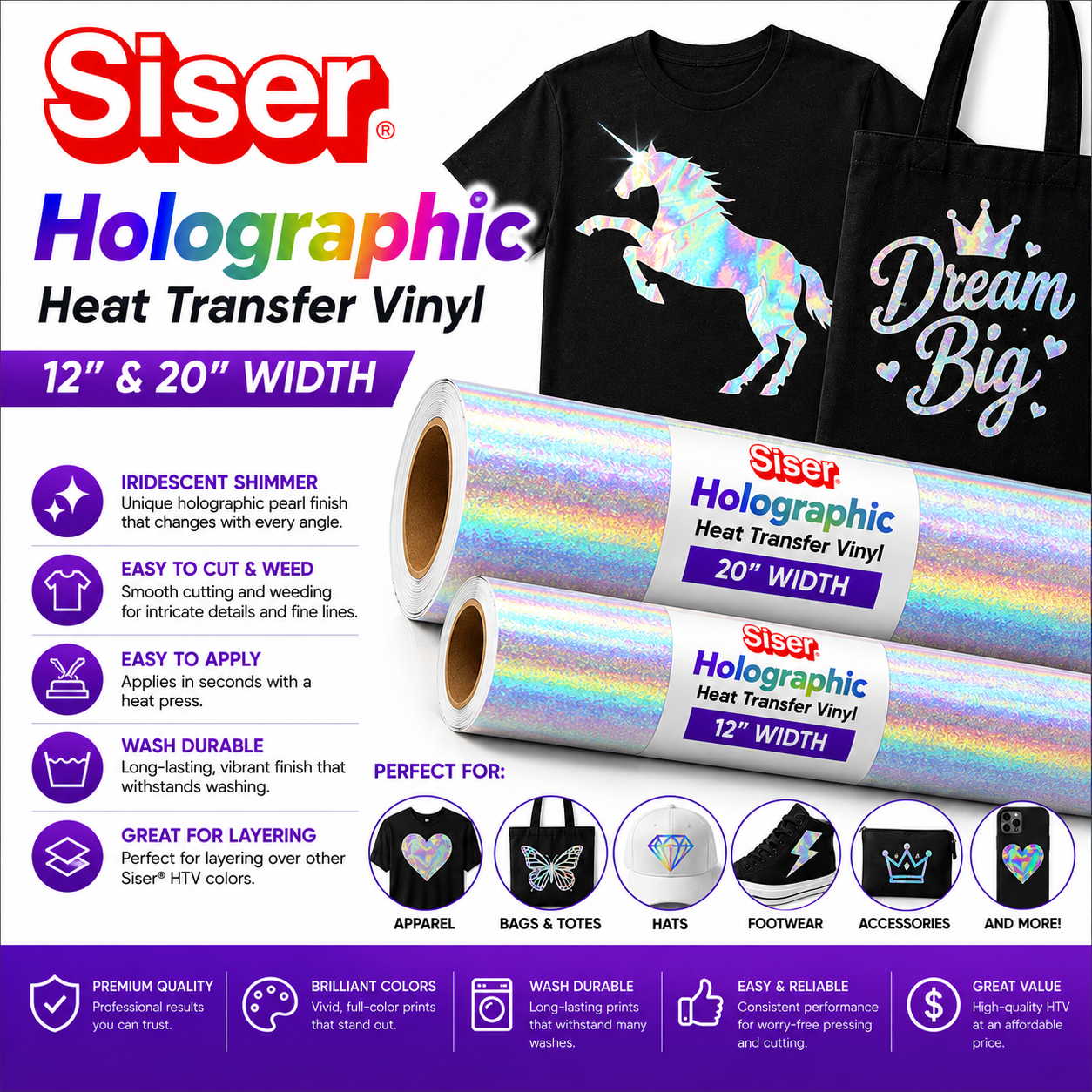 Siser Holographic heat transfer vinyl 12 and 20 inch