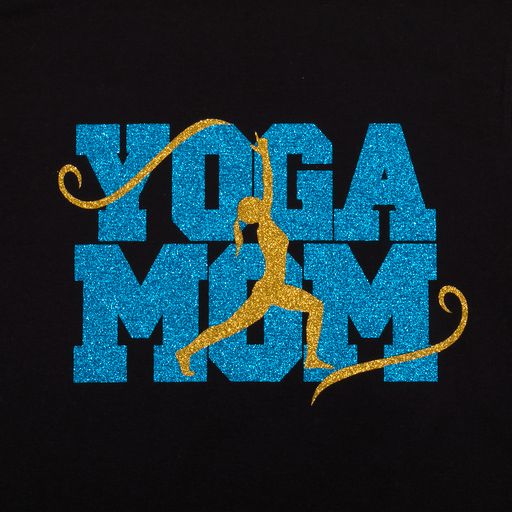 Siser Glitter Yoga Mom design pressed on a black shirt